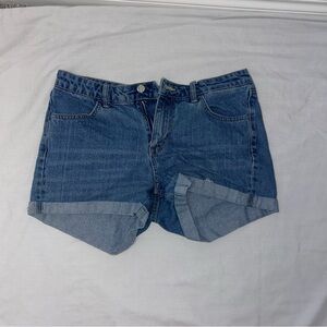 Blue Jean Shorts with Rolled Hem and Medium Wash
